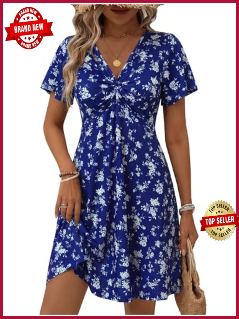 Women's Twist Front V-Neck Ruffle Sleeve Fit Flare Sundress Casual Mini Dress